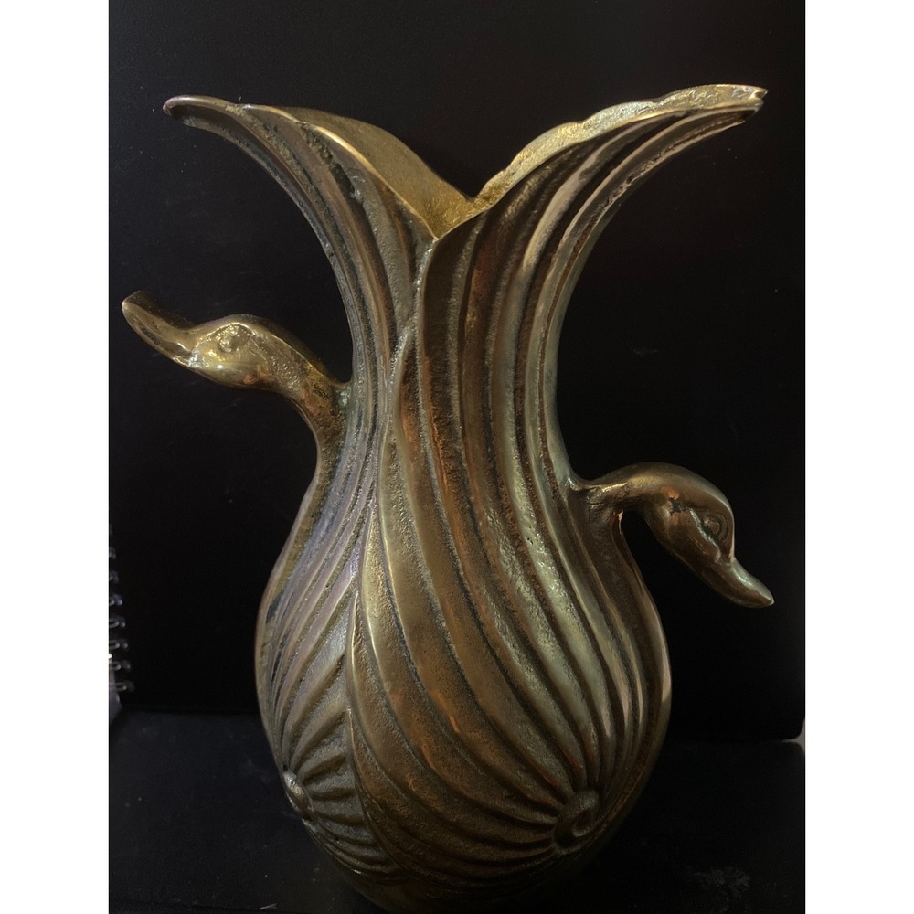 Vtg 7-3/4" Tall Solid Brass Double Head Swan Sculptural Vase Art Deco
